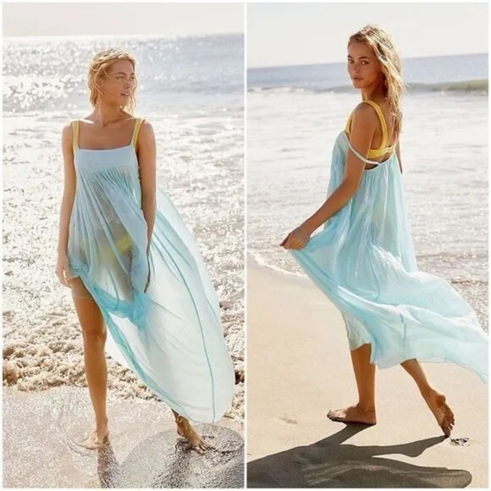 NEW Free People Intimately Sky Blue On My Own Gauzy Maxi Slip Dress Coverup